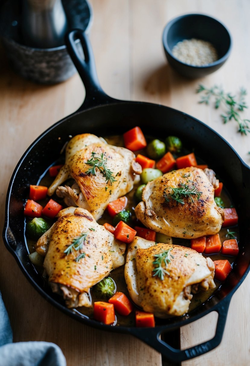 A cast iron skillet with seasoned chicken and vegetables ready for baking in the oven