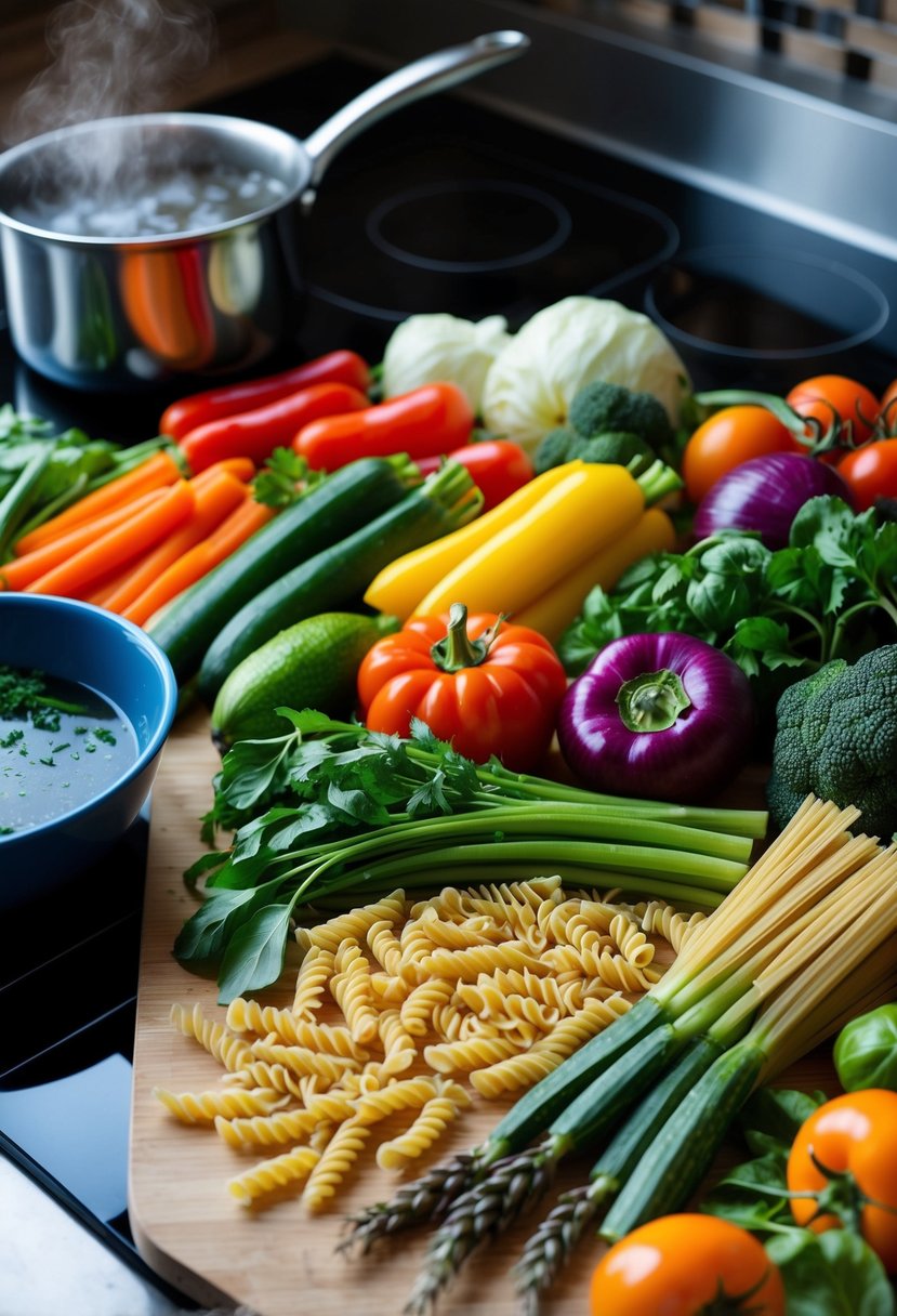 A colorful array of fresh vegetables and whole wheat pasta arranged on a cutting board, with a pot of boiling water on the stove