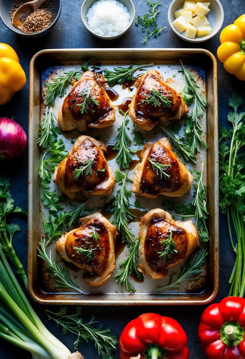 A sheet pan with balsamic chicken, surrounded by fresh herbs and colorful vegetables, ready to be baked