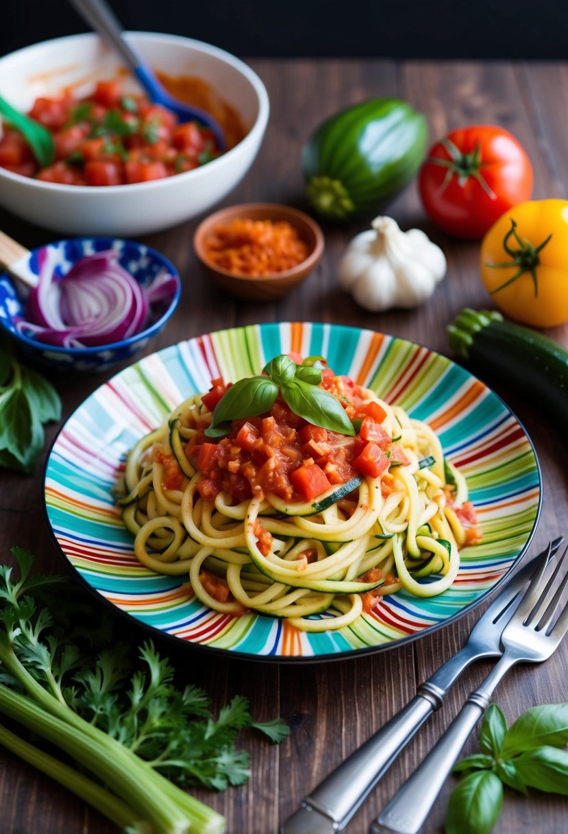 A colorful plate of zucchini noodles topped with tomato basil sauce, surrounded by fresh ingredients and cooking utensils