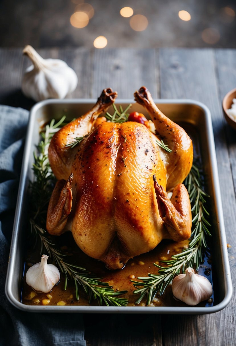 A whole roast chicken surrounded by rosemary and garlic on a baking tray