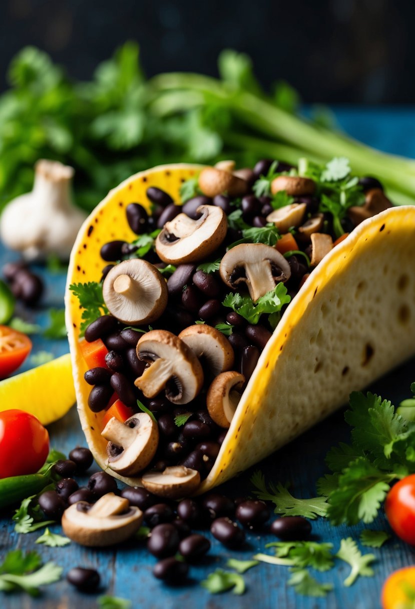 A colorful array of fresh mushrooms and black beans spilling out of a taco shell, surrounded by vibrant vegetables and herbs