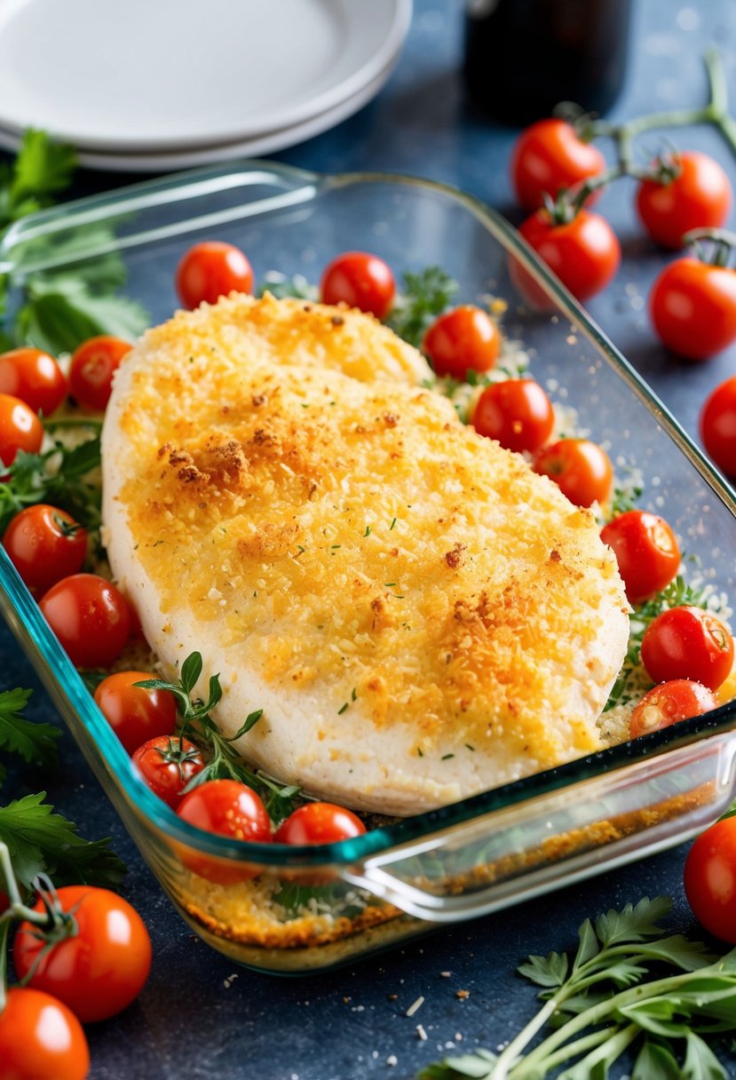 A golden-brown Parmesan crusted chicken breast baking in a glass casserole dish surrounded by fresh herbs and cherry tomatoes