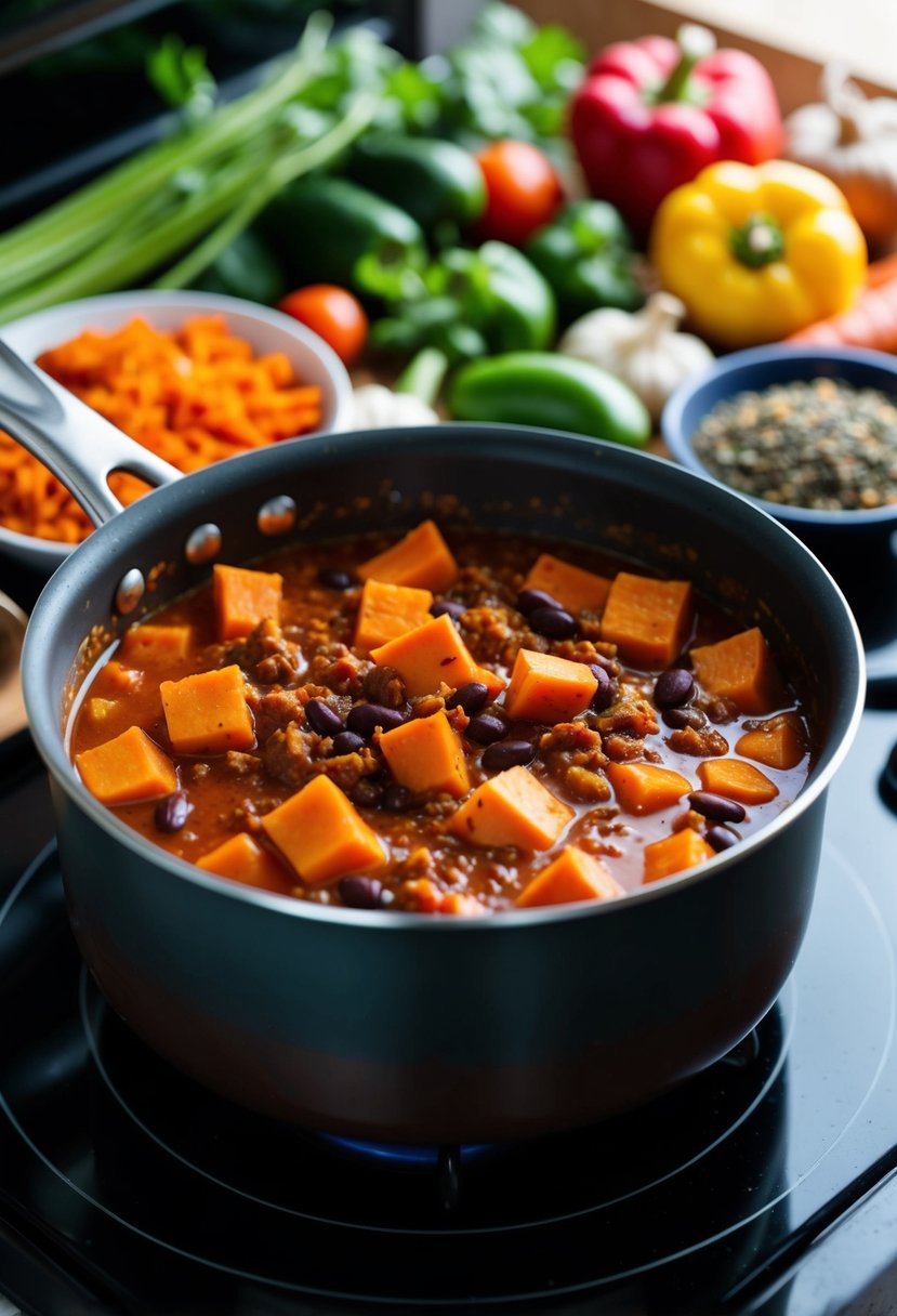 A pot of sweet potato and black bean chili simmers on a stovetop, surrounded by colorful vegetables and spices