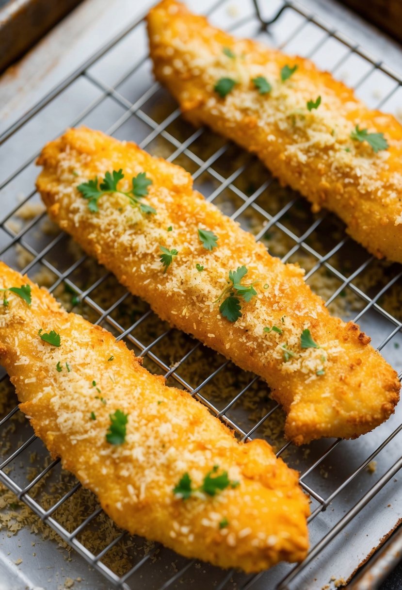 Golden chicken tenders on a wire rack, surrounded by a light coating of breadcrumbs and herbs, with a baking sheet underneath