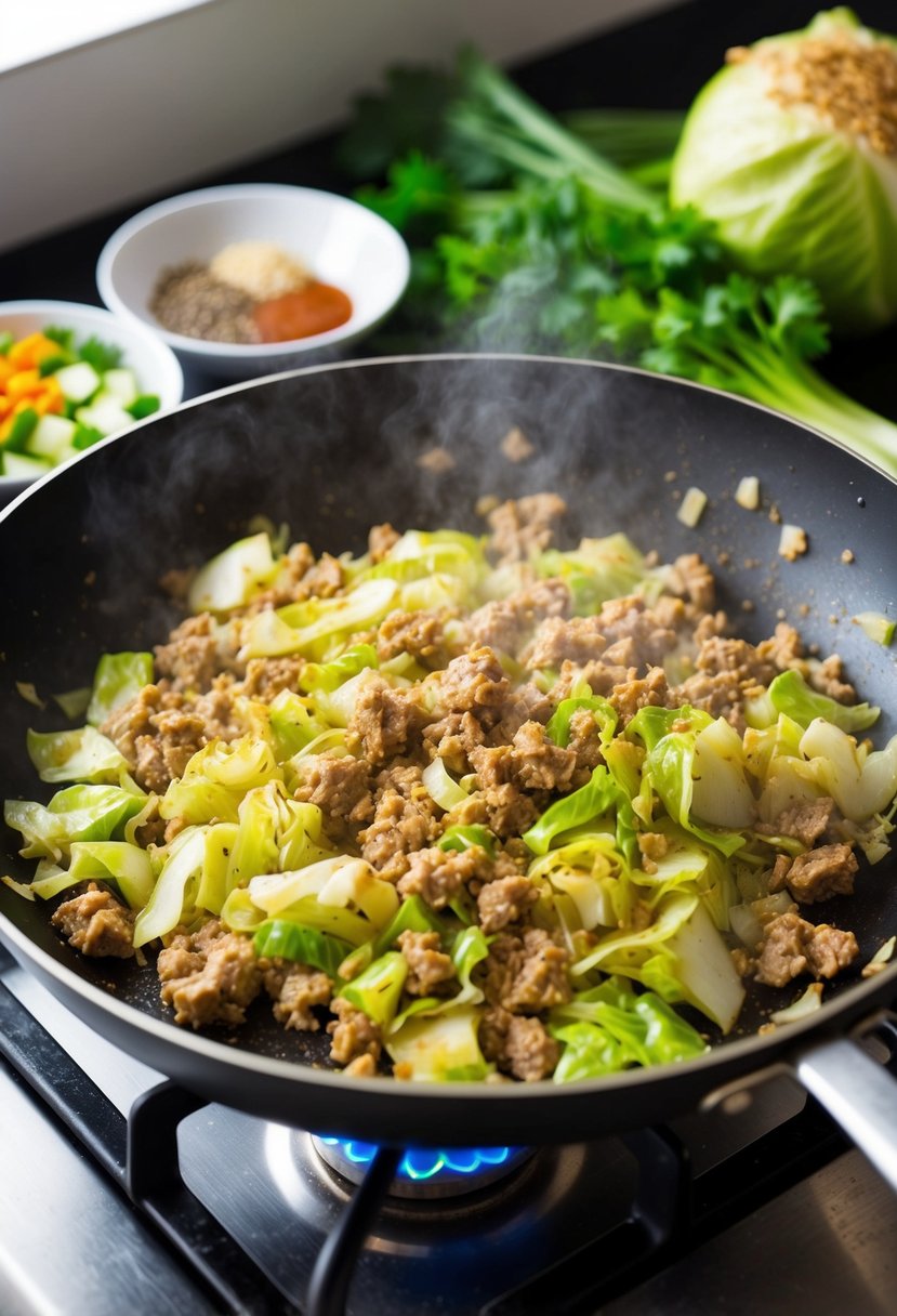 A sizzling pan of cabbage stir-fry and ground turkey cooking on a stovetop. Chopped vegetables and seasonings nearby