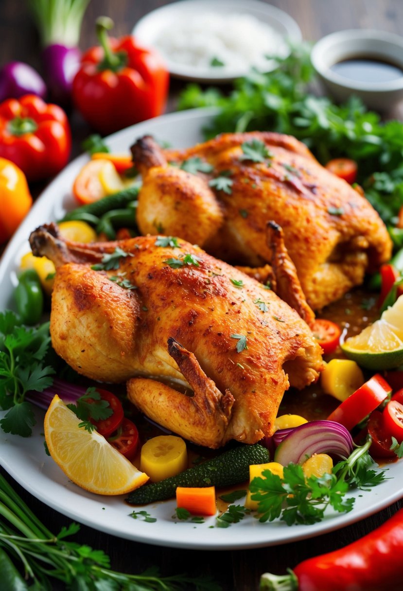 A platter of spicy Cajun baked chicken surrounded by colorful vegetables and herbs