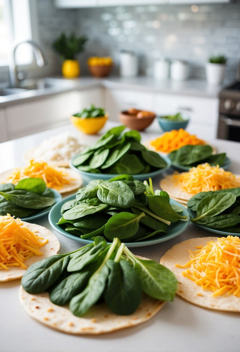 A colorful array of fresh spinach, shredded cheese, and tortillas arranged on a clean kitchen counter