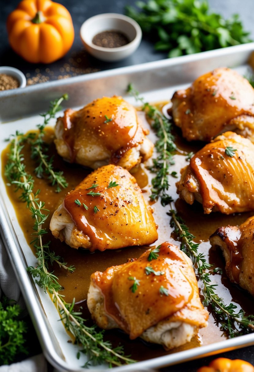 Golden chicken thighs glazed with sweet and spicy maple sauce, surrounded by fresh herbs and spices on a baking tray