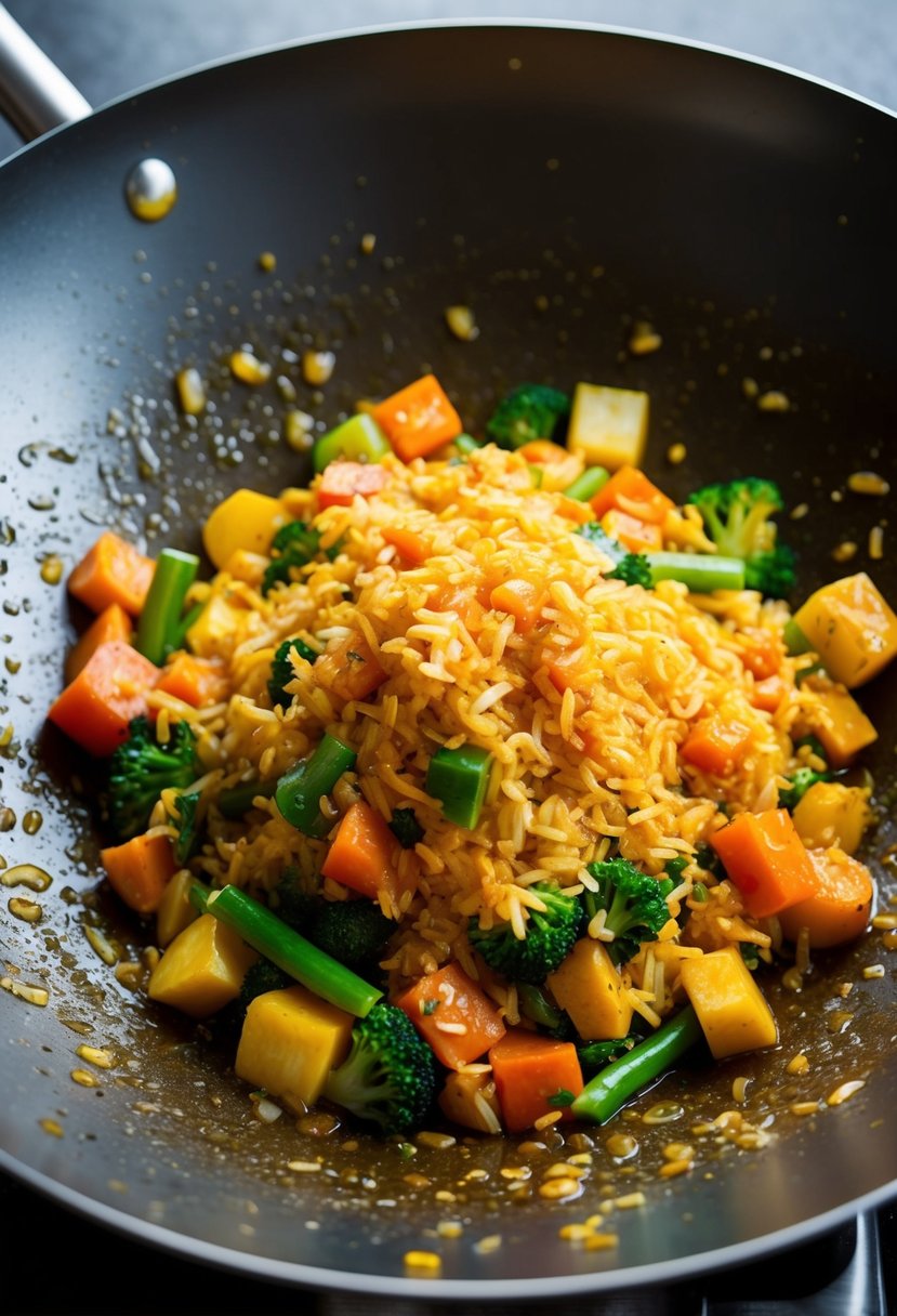 A sizzling wok filled with colorful vegetables and fluffy grains of rice, all coated in a savory golden sauce