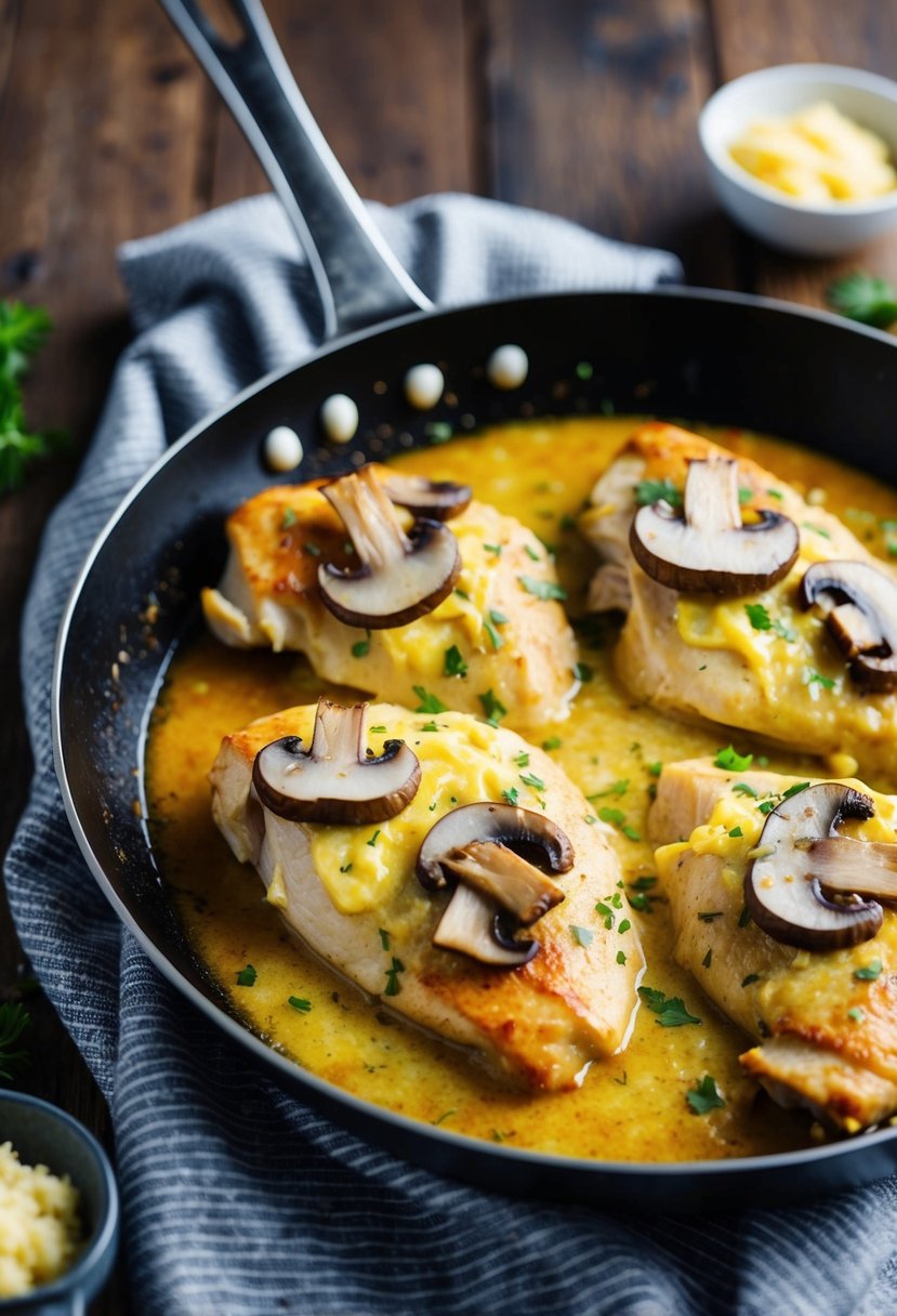 A sizzling skillet of chicken smothered in garlic butter and topped with savory mushrooms, ready to be baked to golden perfection