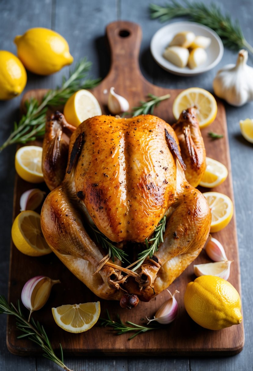 A whole roasted chicken surrounded by fresh lemons and garlic cloves on a rustic wooden cutting board