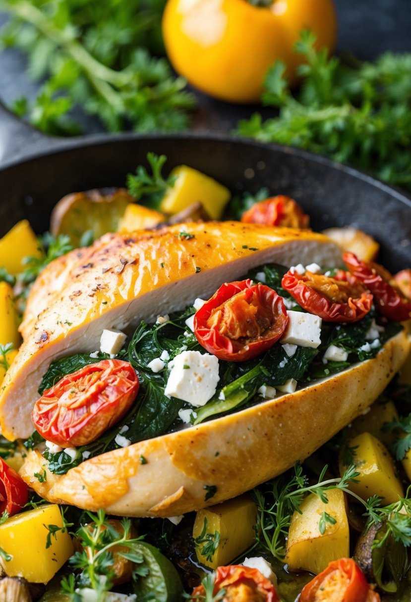 A golden-brown chicken breast, stuffed with sun-dried tomatoes, spinach, and feta cheese, sits on a bed of roasted vegetables, surrounded by fragrant herbs