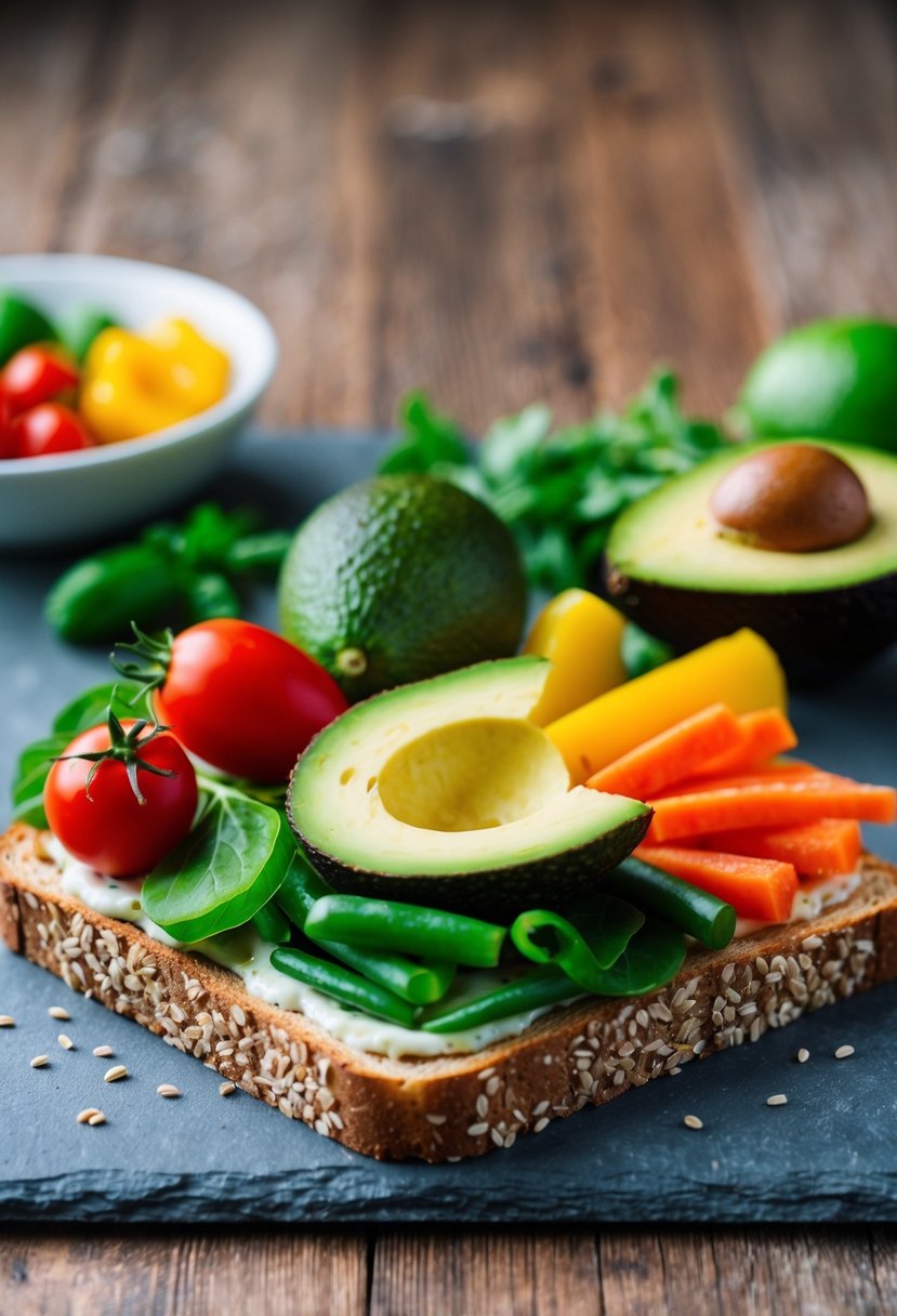 A colorful assortment of fresh vegetables and ripe avocados arranged on a rustic slice of whole grain toast