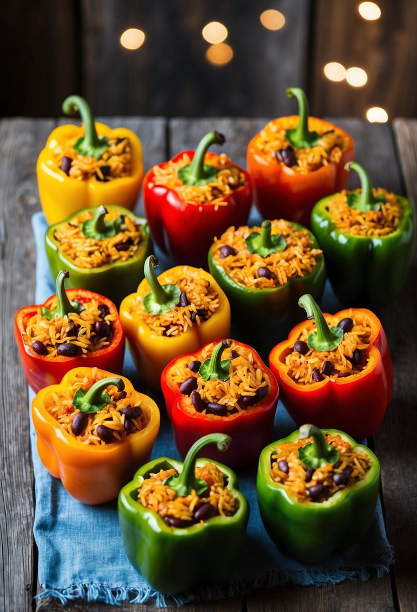 A colorful array of bell peppers stuffed with a mixture of rice and beans, arranged on a rustic wooden table