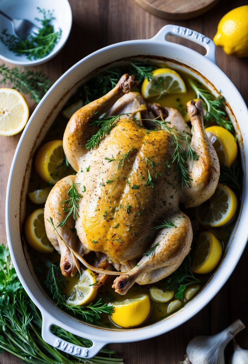 A whole chicken seasoned with lemon and garlic, surrounded by fresh herbs and vegetables, roasting in a golden brown baking dish