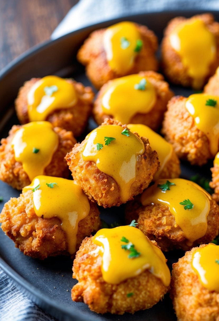 A platter of golden, crispy chicken bites coated in a glossy mustard glaze, fresh out of the oven