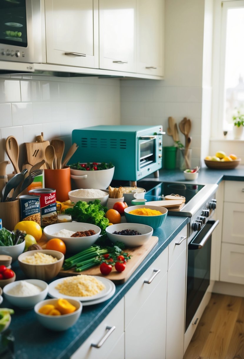 A colorful array of ingredients and utensils spread out on a kitchen counter, with an Easy Bake Oven sitting nearby ready for use