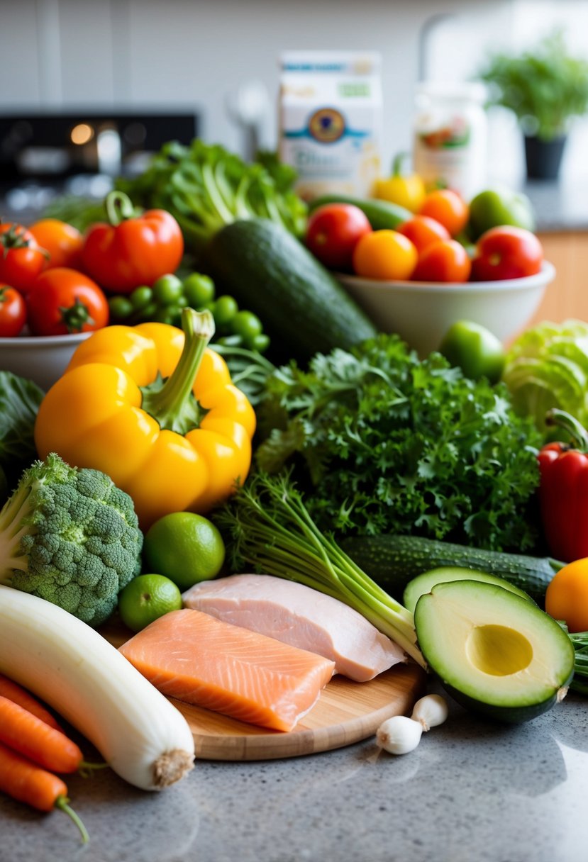 A colorful array of fresh vegetables, lean proteins, and low-fat dairy products laid out on a kitchen counter