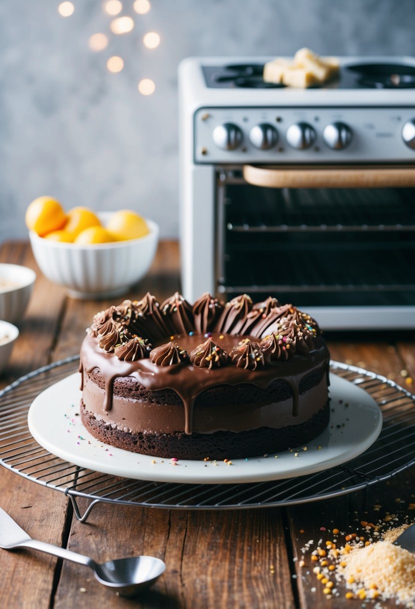 A chocolate birthday cake sits on a wire rack, surrounded by scattered ingredients and an Easy Bake Oven