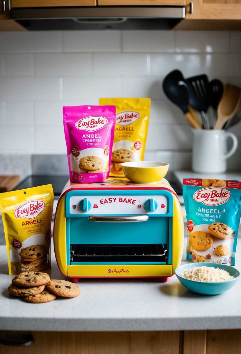 A small, colorful easy bake oven sits on a kitchen counter, surrounded by bags of Angel Cookie Mix and various baking utensils