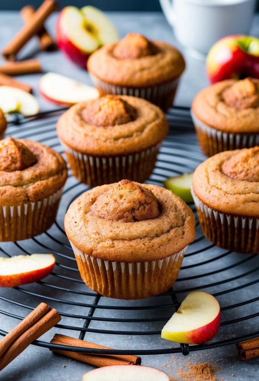 A warm batch of apple cinnamon muffins cooling on a wire rack, surrounded by scattered cinnamon sticks and fresh apple slices