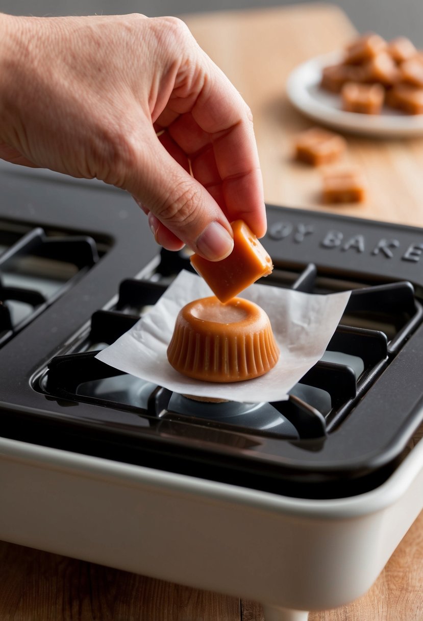 A small butterscotch candy being placed into an easy bake oven