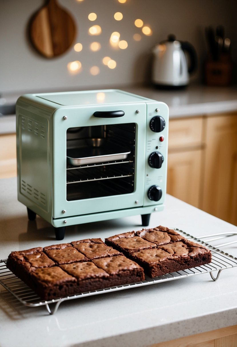 A small, child-sized oven sits on a kitchen counter, with a tray of freshly baked fudge brownies cooling on a wire rack next to it