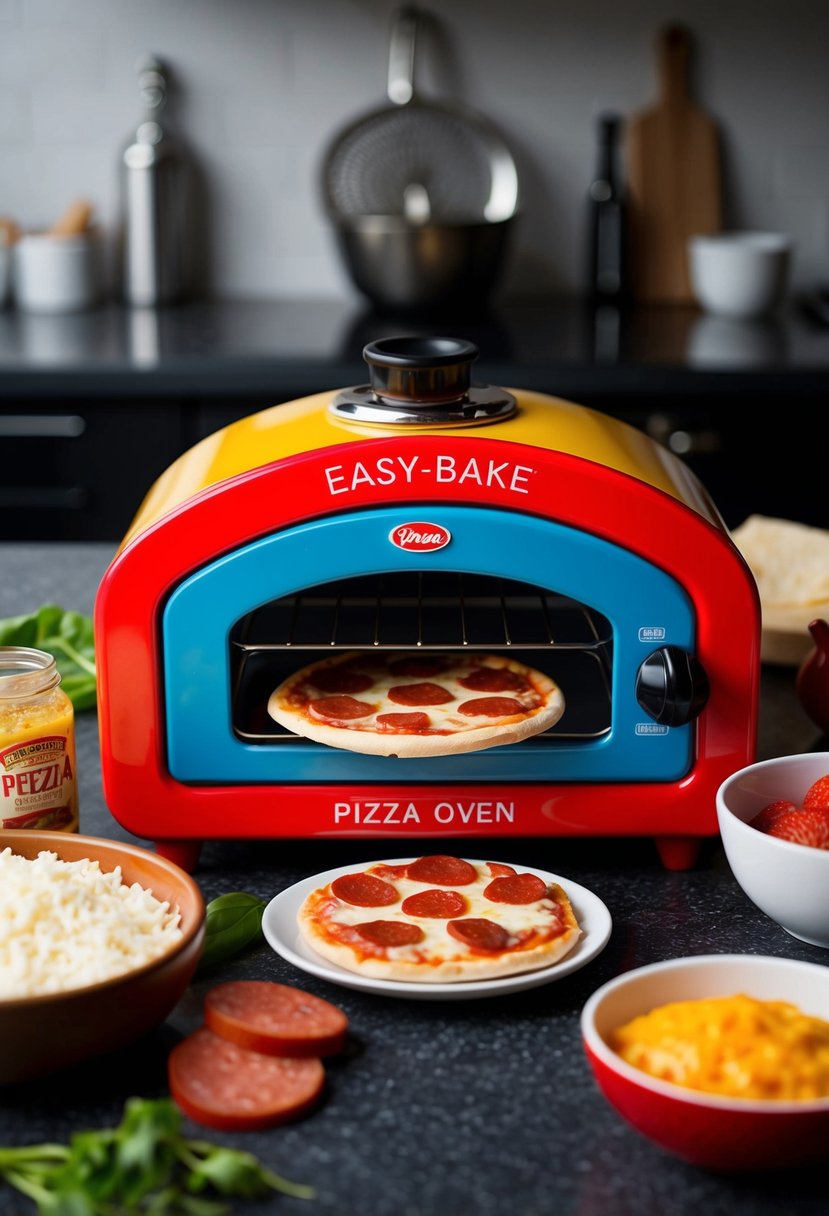 A small, colorful Easy-Bake Pizza oven surrounded by ingredients like cheese, sauce, and pepperoni, with a delicious-looking mini pizza baking inside