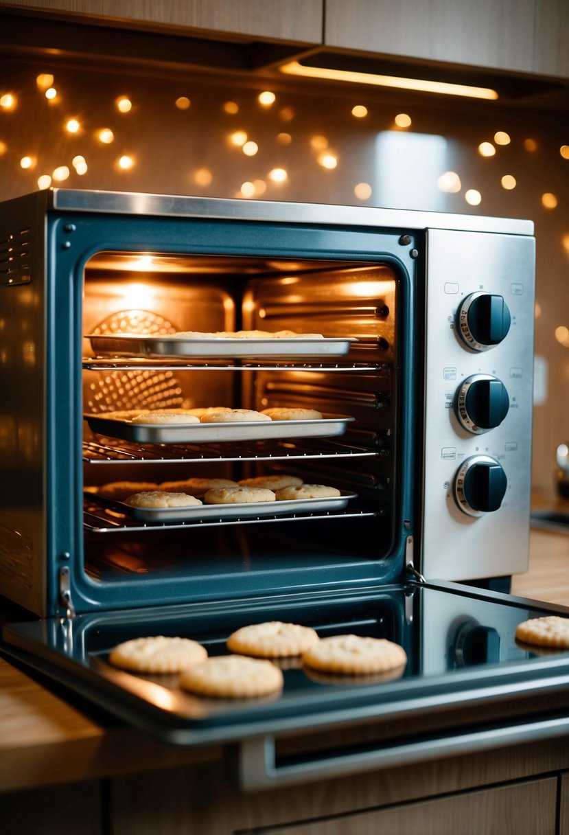 A small oven with trays of vanilla sugar cookies baking inside