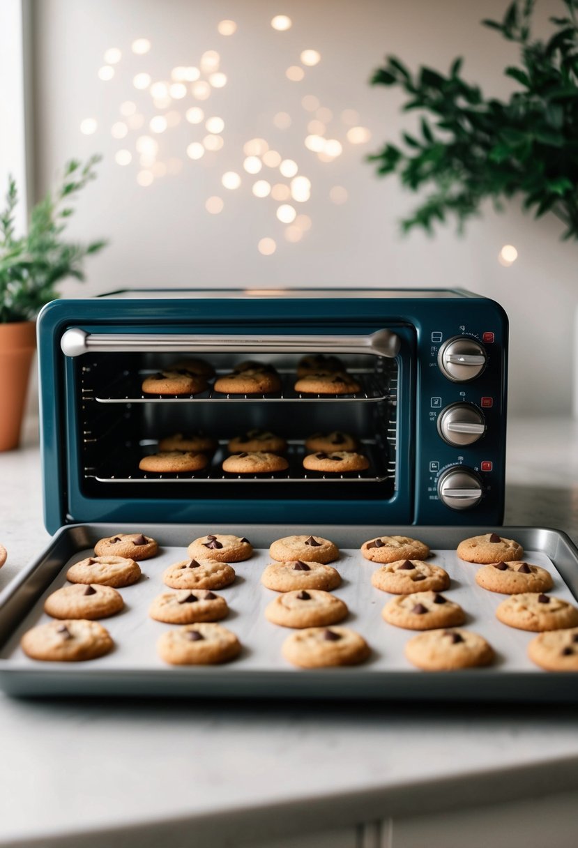 A small oven baking mini chocolate chip cookies on a tray