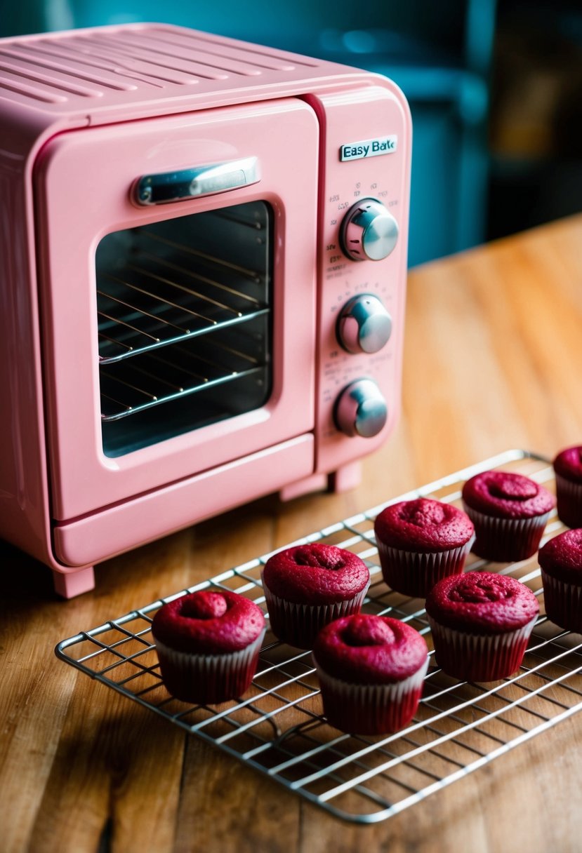 A small, pink easy bake oven with a tray of freshly baked red velvet cupcakes cooling on a wire rack beside it