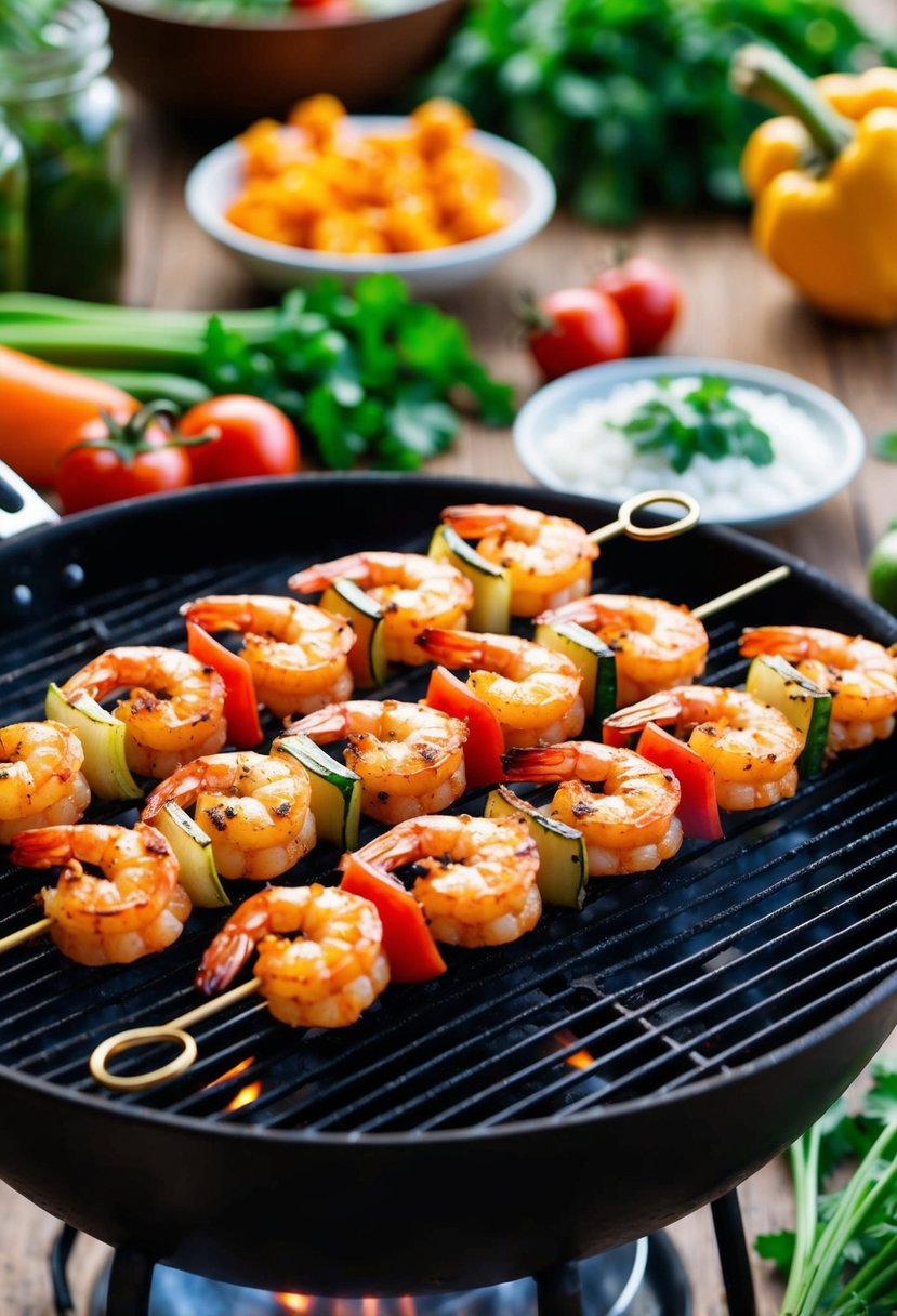 A sizzling grill with skewers of spicy shrimp, surrounded by fresh vegetables and herbs