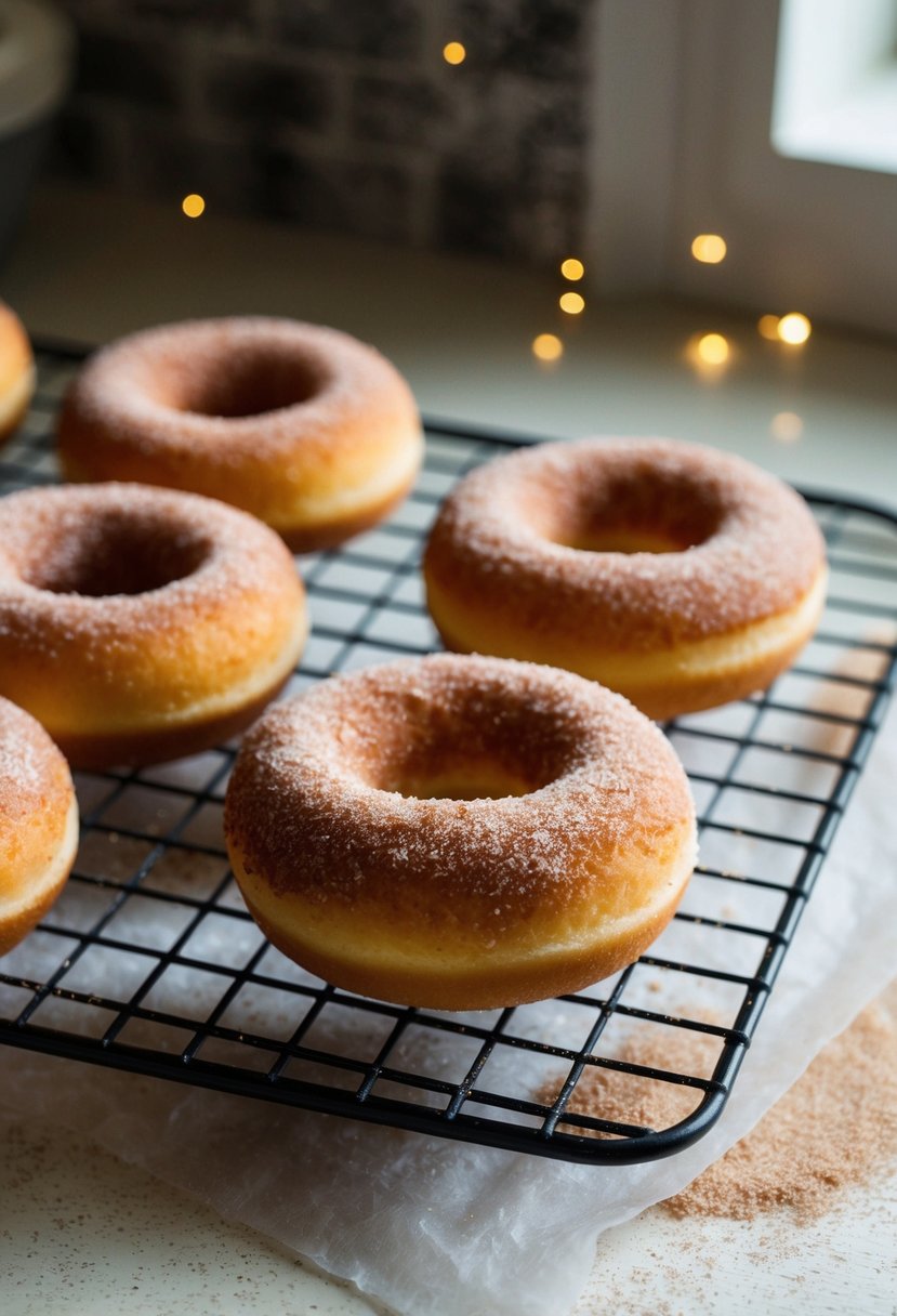 A small, golden-brown donut sits on a wire rack, dusted with a generous coating of cinnamon sugar. The warm, inviting aroma fills the kitchen