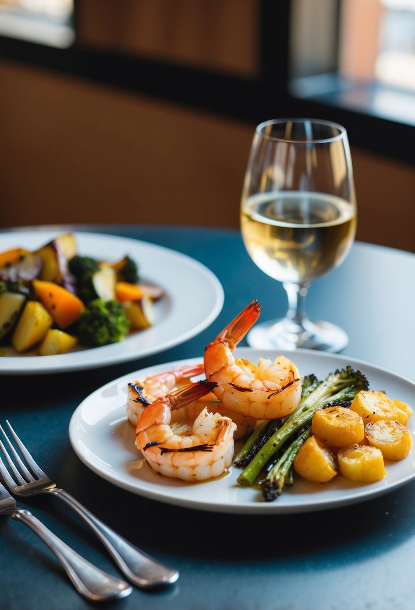 A table set with a plate of grilled shrimp, a side of roasted vegetables, and a glass of white wine