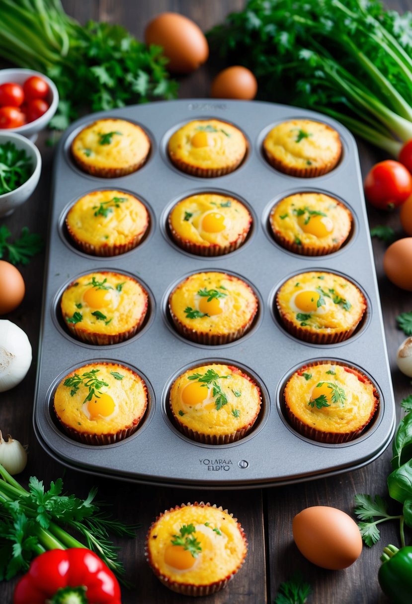 A tray of baked egg muffins surrounded by fresh vegetables and herbs