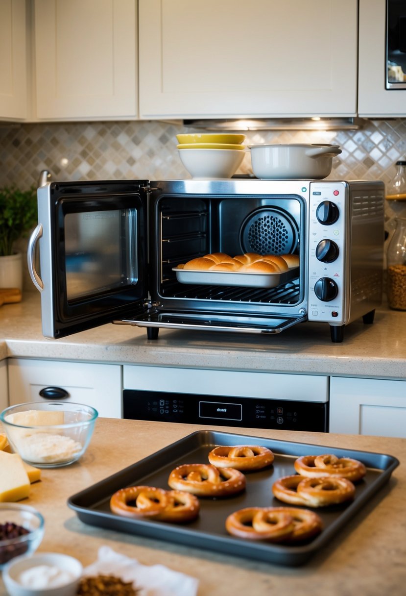 A small kitchen with an open easy bake oven, a tray of soft pretzels, and ingredients scattered on the counter