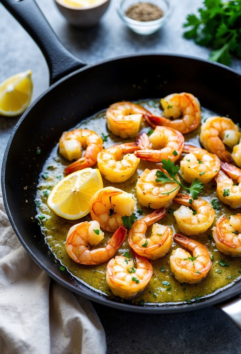 A sizzling skillet of garlic butter shrimp scampi with a side of fresh lemon wedges and a sprinkle of parsley