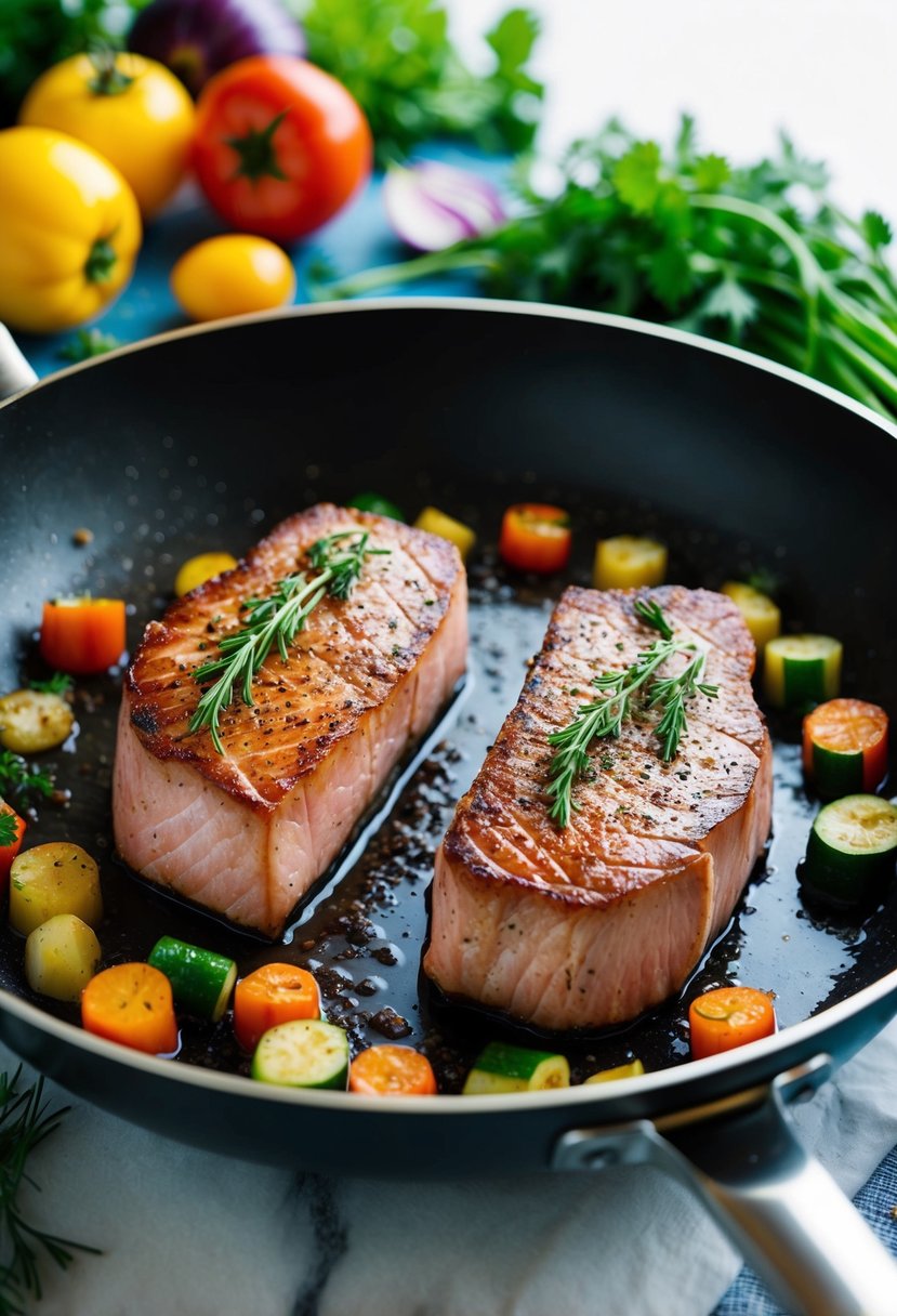 Two seared tuna steaks sizzling in a hot pan, surrounded by colorful vegetables and herbs