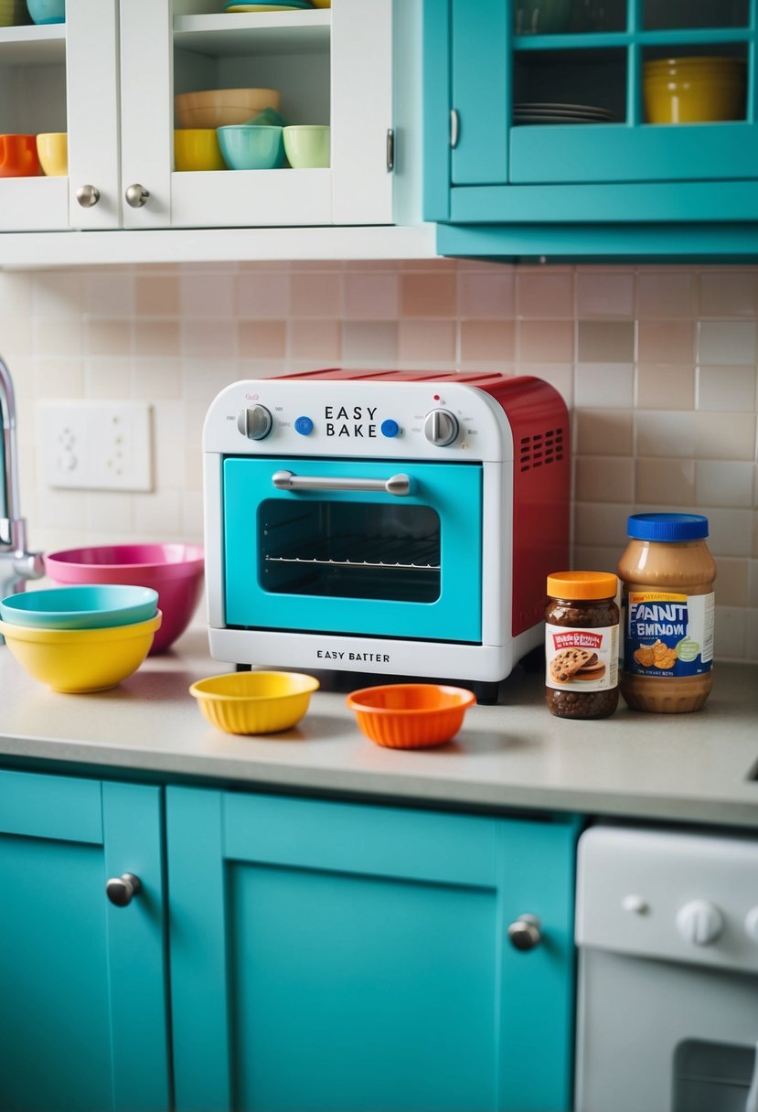 A small, child-friendly kitchen with a colorful Easy Bake Oven, mixing bowls, and jars of peanut butter and chocolate chips on the counter