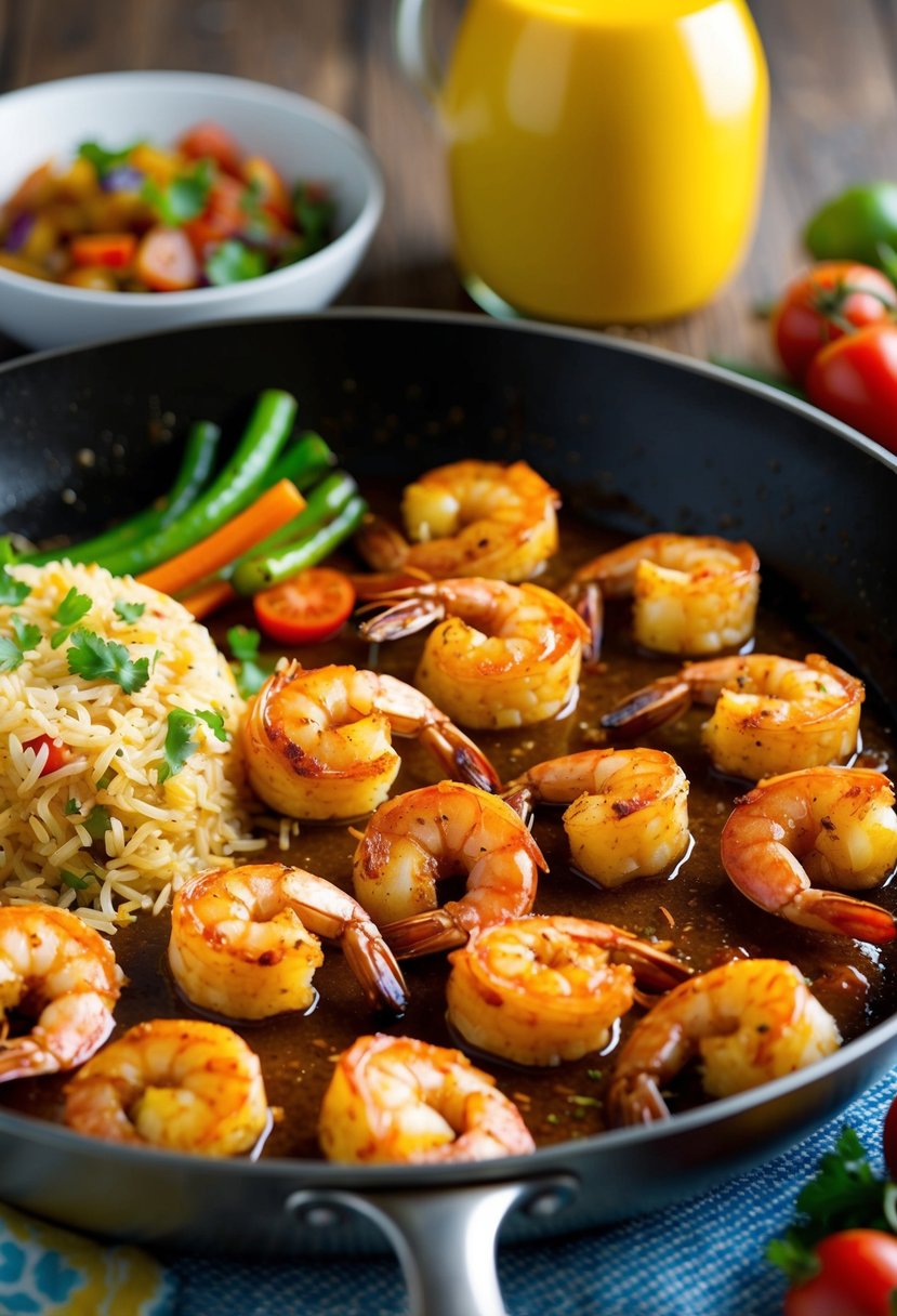 A sizzling skillet of Cajun blackened shrimp with a side of seasoned rice and colorful vegetables