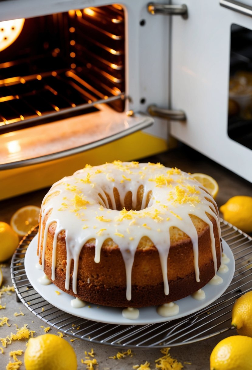 A lemon drizzle cake sits on a wire rack, surrounded by scattered lemon zest and a drizzle of icing. The oven door is open, revealing a warm glow