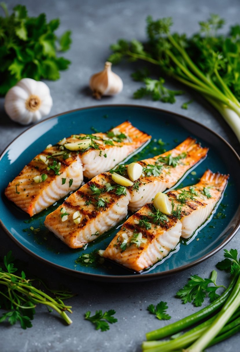 A plate of grilled fish with garlic and herbs, surrounded by fresh vegetables and herbs