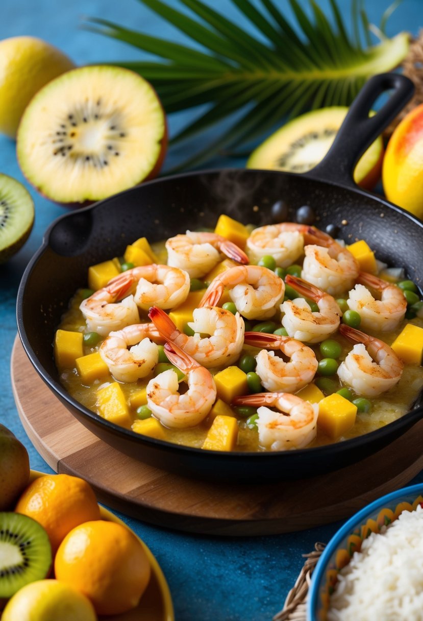 A sizzling skillet of Hawaiian garlic shrimp surrounded by steamed rice and a colorful array of tropical fruits