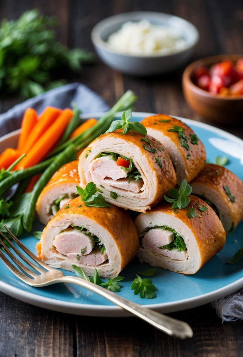 A plate of smoked turkey rolls with fresh herbs and vegetables