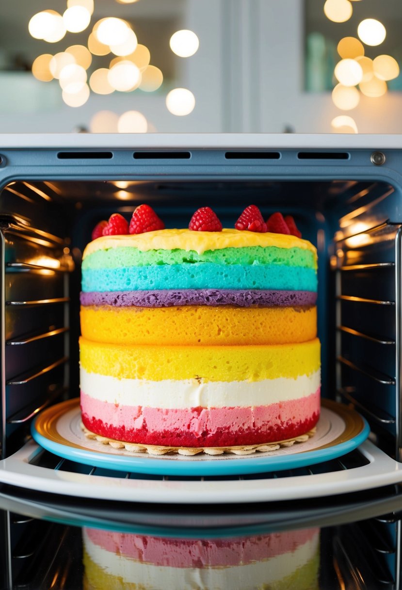 A colorful rainbow layer cake sits inside an easy bake oven, with the vibrant layers peeking through the clear oven window