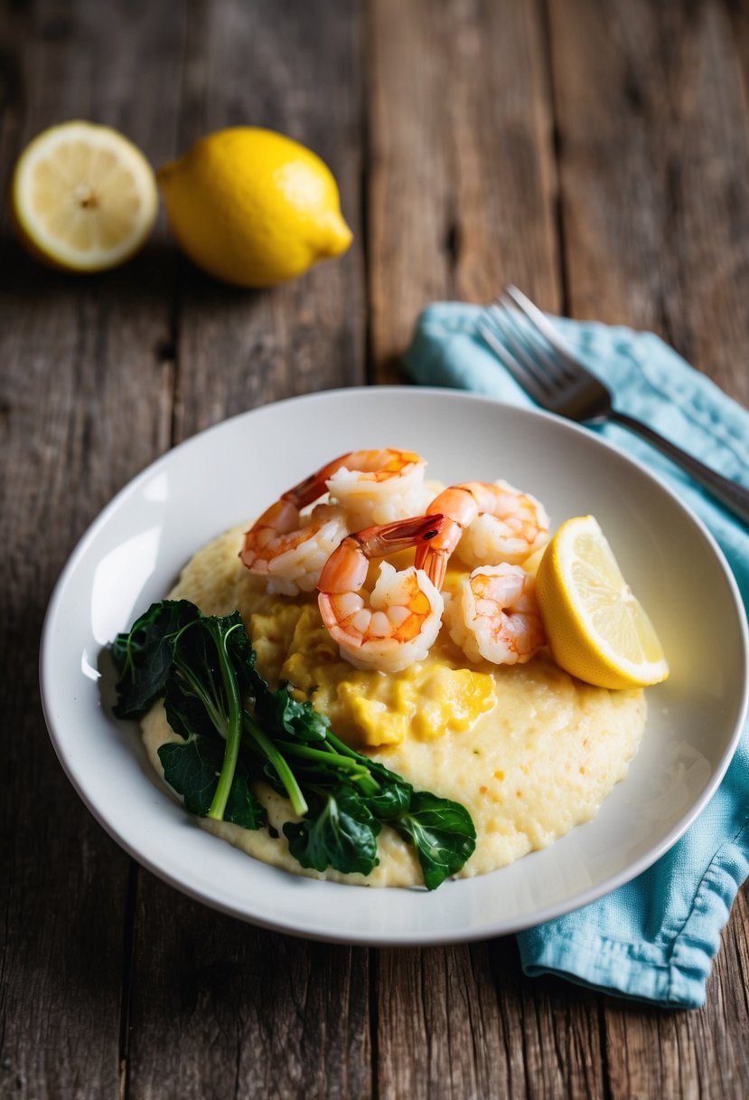 A plate of shrimp and grits with a side of greens and a lemon wedge on a rustic wooden table