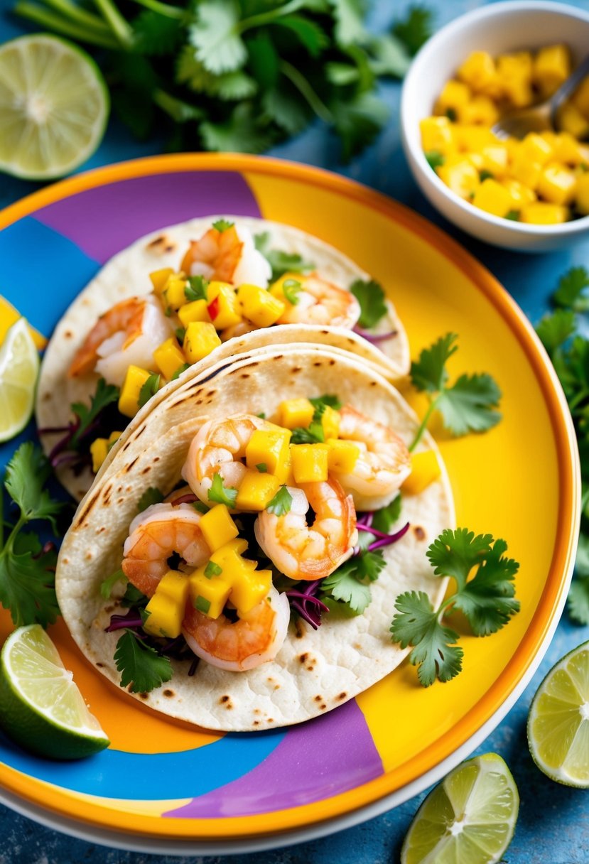 A colorful plate with shrimp tacos topped with vibrant mango salsa, surrounded by fresh cilantro and lime wedges