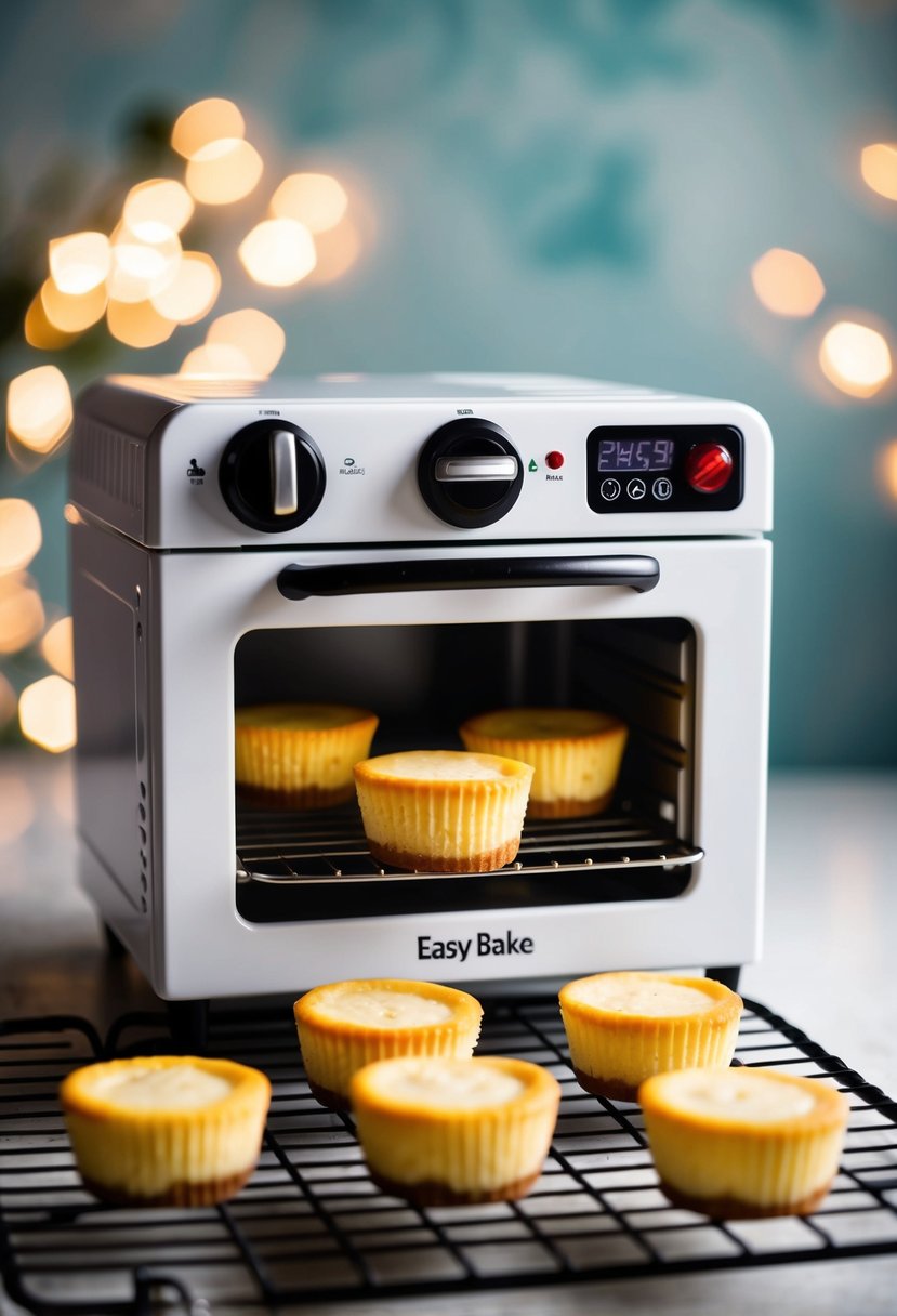 A mini easy bake oven filled with freshly baked cheesecake bites on a cooling rack