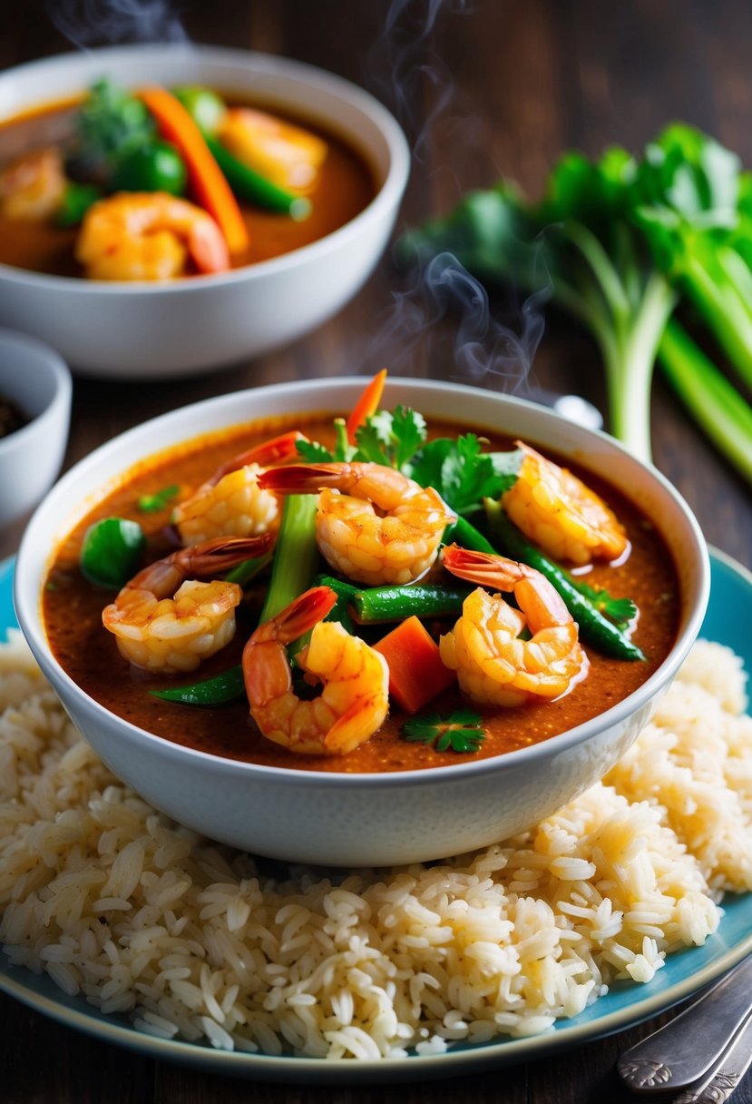 A steaming bowl of Thai red curry shrimp surrounded by vibrant vegetables and served over a bed of fluffy jasmine rice